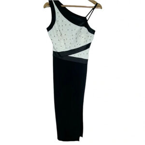 JOVANI Beaded Dress 8 One Shoulder Formal Gown Maxi Black White Glam Wedding